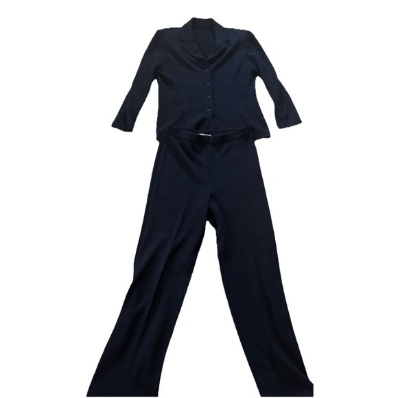 St John Black Knit Pant Suit Jacket Set Black Buttons sz 8 Medium - Picture 2 of 11